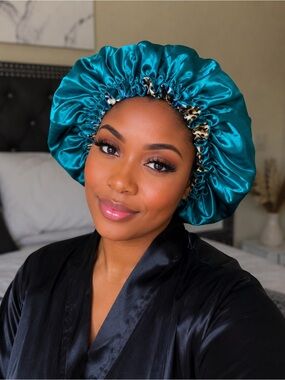 Satin Turquoise Sleep Bonnet with Leopard Accent